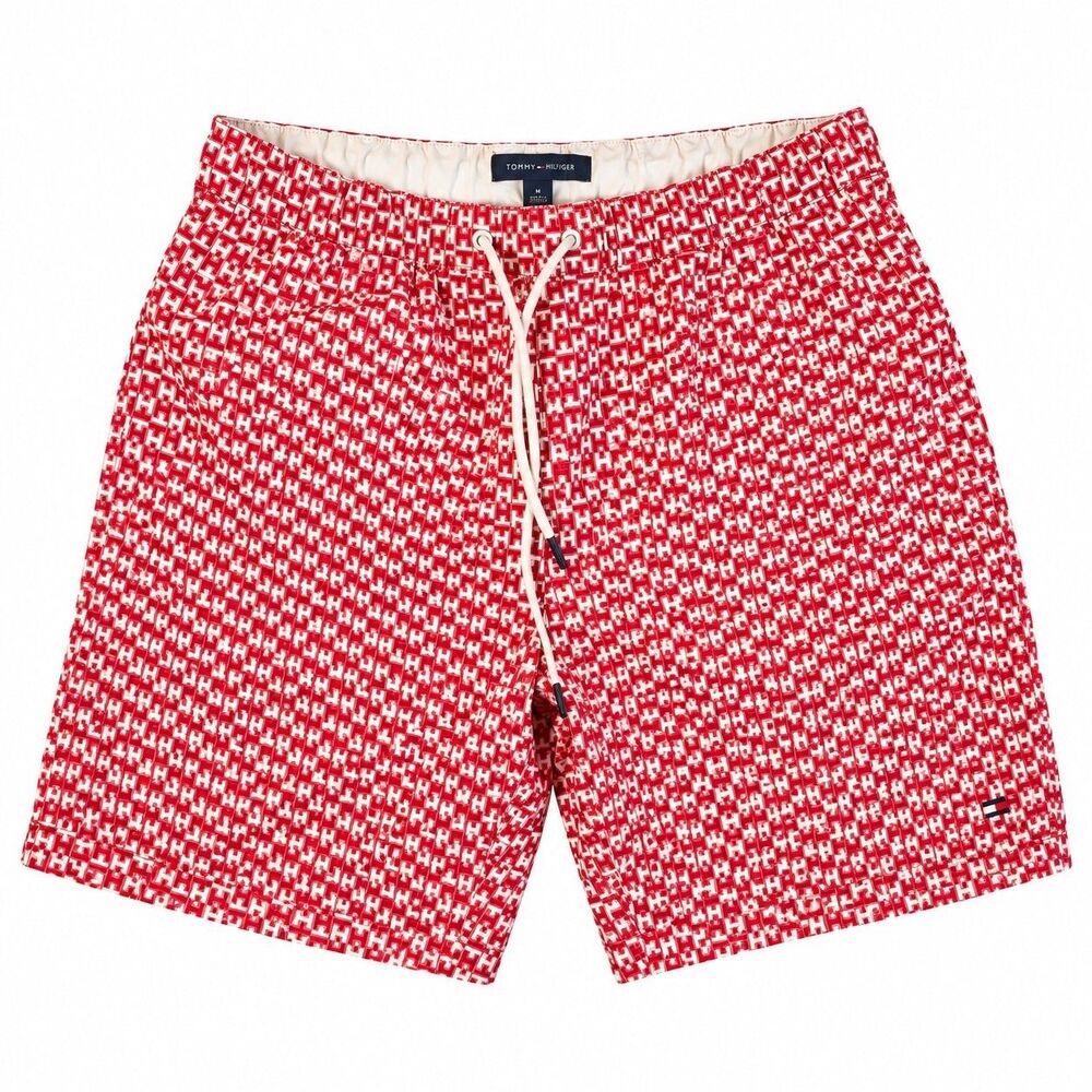 Tommy Hilfiger Men’s Swim Trunks Medium Red Monogram Logo Print Board Shorts